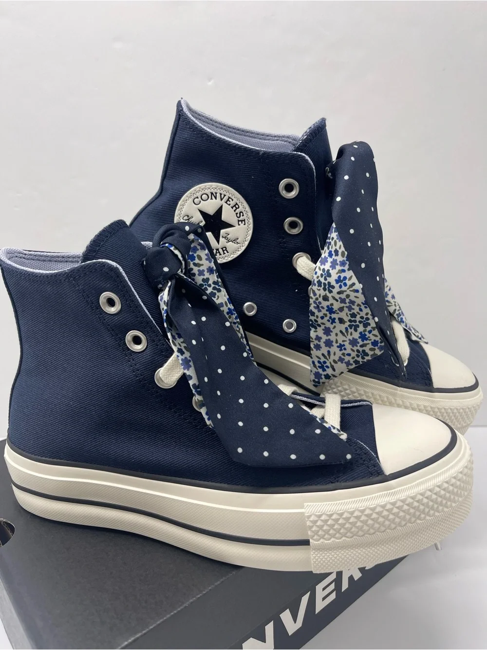 Converse CTAS High Top Platform Sneakers in Navy with Polka-Dot Scarf Laces